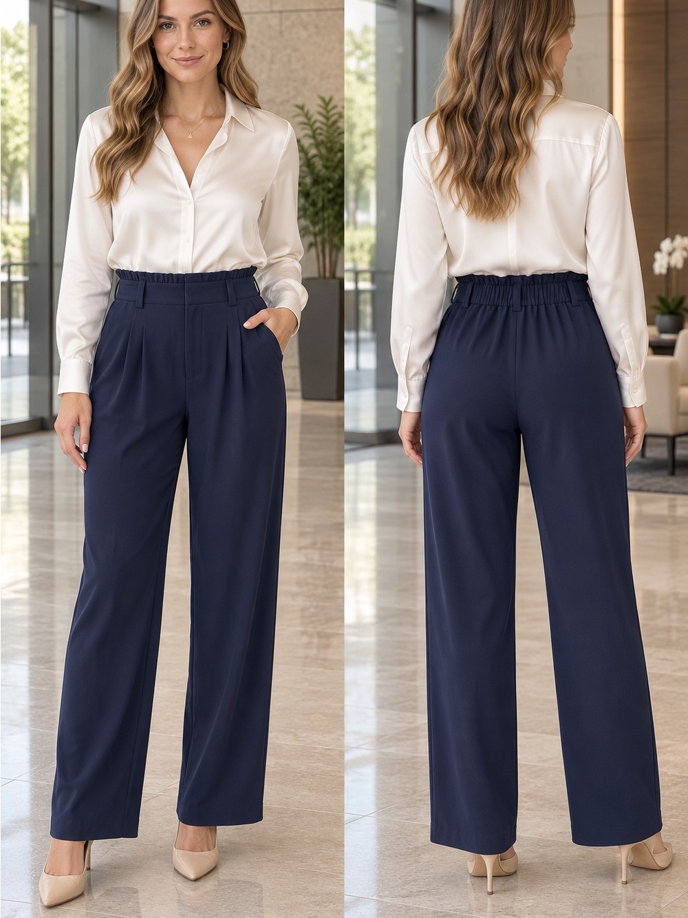 Halara Elastic-Waist Wide-Leg Pants in Navy